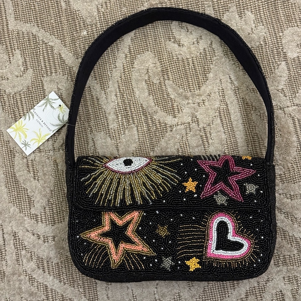 NWT Stars Hearts Eye Black Beaded Shoulder Bag America & Beyond Brand New